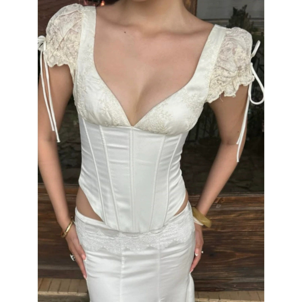 Zara Summer V-Neck Push Up Wrap Tie Puff Sleeve Asymmetrical Slim Fit Top